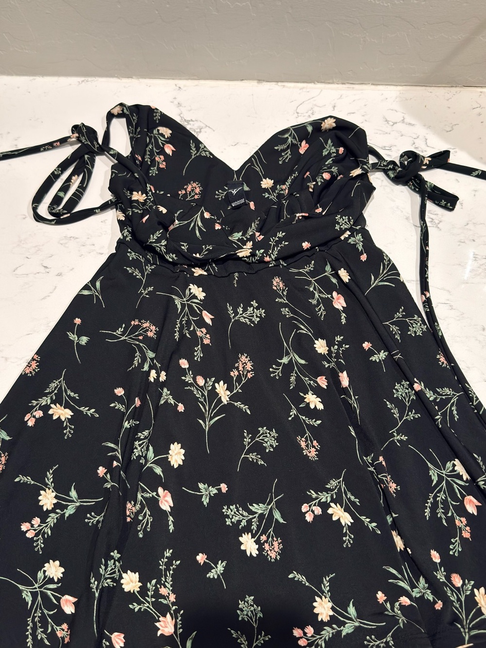 Windsor Black Floral V-Neck Dress with Green and Coral Accents - Picture 2 of 3
